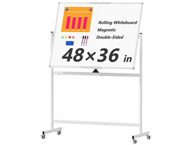 Large Rolling Whiteboard on Wheels, 48' x 36' Double-Sided Mobile White Board with Stand, 4' x 3' Portable Standing Magnetic Dry Erase Board Easel...
