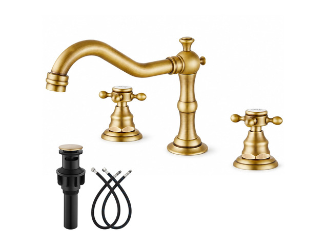 Bathroom Faucet 3 Hole Vintage, Antique Brass, Hot Cold Label Widespread Bathroom Sink Faucet 8 Inch 2 Cross Handles,Pop Up Drain,cUPC Supply...