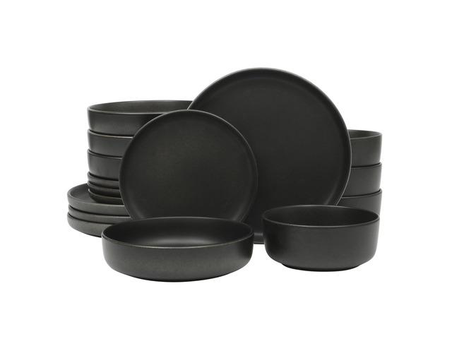 Pasco 16 Piece (Service for 4) Plates and Bowls Double Bowl Reactive Glaze Dishes Stoneware Ceramic Dinnerware Set - Black