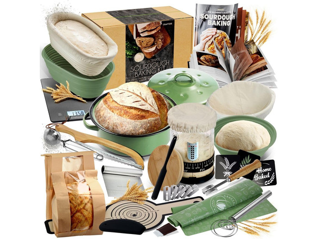 All-Inclusive Sourdough Starter Kit with Pot, 34 Oz Starter Jar, 4 Banneton Bread Proofing Baskets, Scraper, Scale, Sourdough Bread Baking...