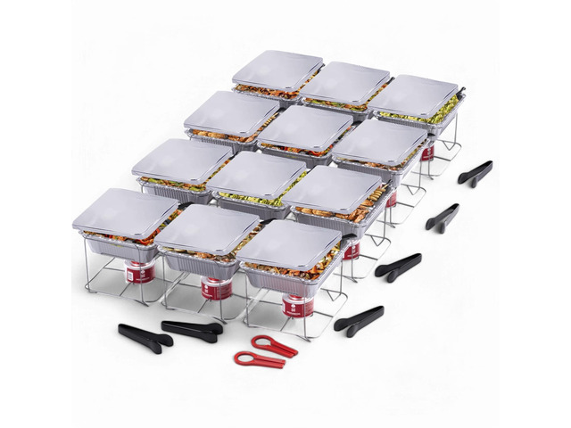12-Pack Disposable Chafing Dish Buffet Set with Fuel Cans Welded construction, half-size pans, and warming trays for parties