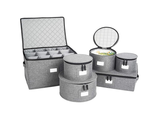 6-Piece China Storage Set Plates, Mugs & Wine Glasses Gray Most Complete Set - Plates, Mugs & Wine Glasses For 12. Hard Shell, Felt-Lined,...