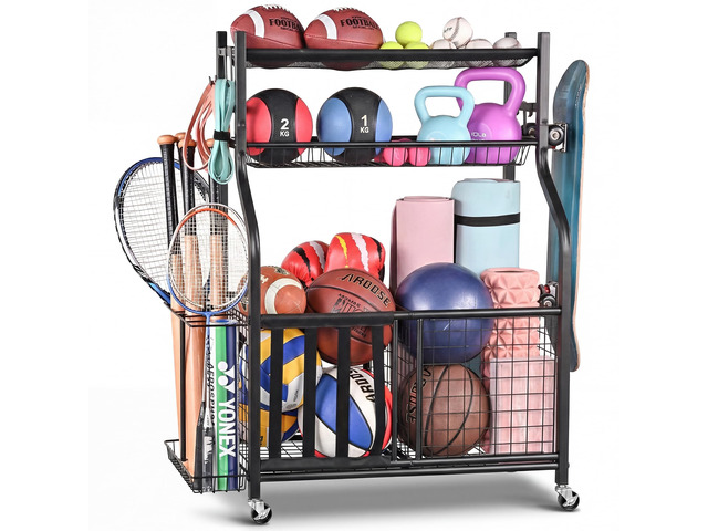 Sports Equipment Storage for Garage, Ball Storage Organizer Large-capacity sports organizer with easy-access elastic front for balls, bats,...
