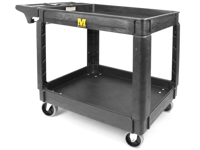 Heavy Duty 2Shelf Service Cart 500 lb Capacity Polypropylene Utility Cart with 5' NonMarring Casters Deep Trays and BuiltIn Tool Storage for Garage...