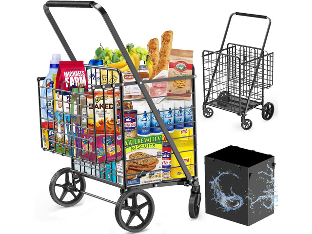 455lbs Shopping Cart for Groceries, Large Heavy Duty Grocery Cart on Wheels Folding Dual Basket Utility Carts with Waterproof Liner, Shopping...