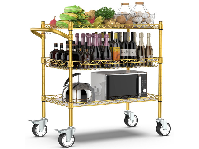 3 Tier Rolling Carts with Wheels, Heavy Duty Rolling Utility Cart NSF Commercial Grade Metal Cart with Handle & Shelf Liner,Trolley Serving Cart...