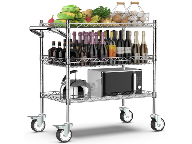 3 Tier Rolling Carts with Wheels, Heavy Duty Rolling Utility Cart NSF Commercial Grade Metal Cart with Handle & Shelf Liner,Trolley Serving Cart...