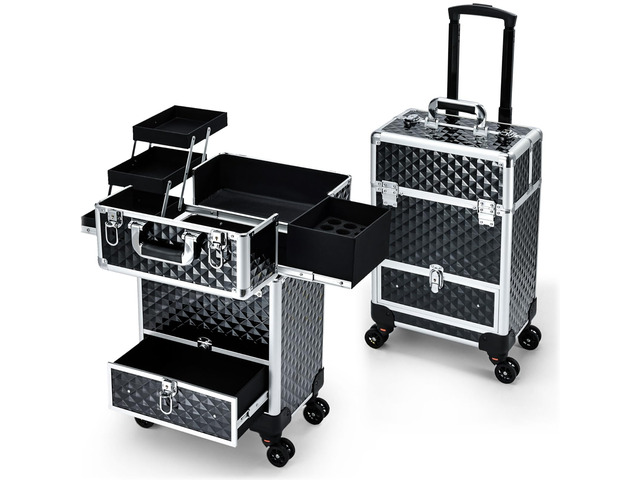 Rolling Makeup Case Cosmetic Travel Trolley Storage Sliding Drawer 4 Tray Makeup Travel Case with Wheels Salon Barber Case Traveling Cart Trunk for...