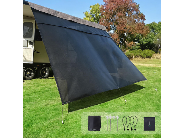 RV Awning Sun Shade Screen with Zipper, 8'x19'3' for 20' RV Awning 7.9oz Black Heavy Duty Coated Mesh Camper Awning Shade Screen with 95% UV...