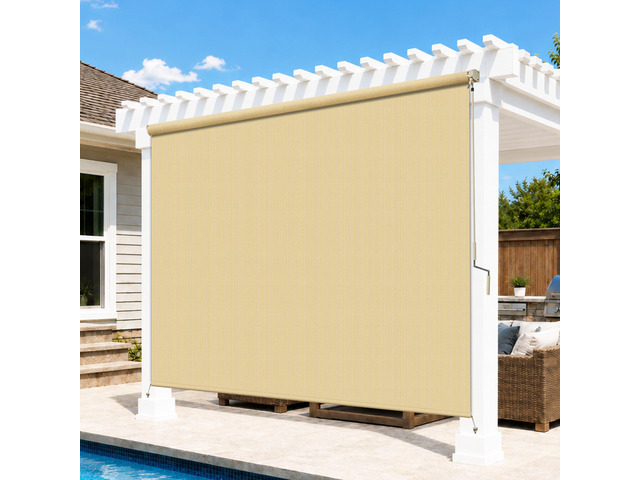8'W x 8'H Sesame Patio Shades Roll up Outdoor Roller Shade Crank Wand Blind Cordless, 90% UV Blocking & Privacy Protection for...