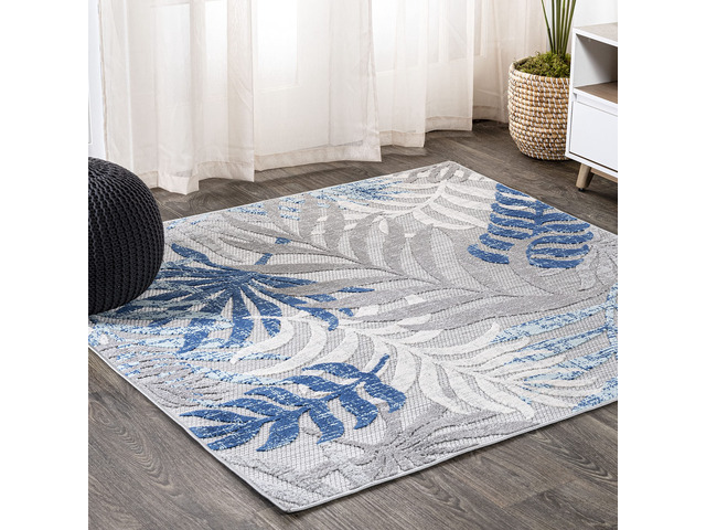 Tropics Palm Leaves Indoor Outdoor Square Area Rug 6X6 Gray/Blue Ships Rolled, Durable Flat Weave, Lays Flat for Backyard, Patio, Porch,...