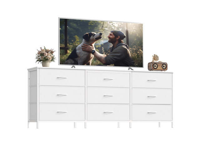 Dresser with 9 Fabric Drawers, TV Stand for TVs Up to 70 Inches Wide Dresser, Chest of Drawers for Bedroom and Living Room, Cloud White, BELLAH...
