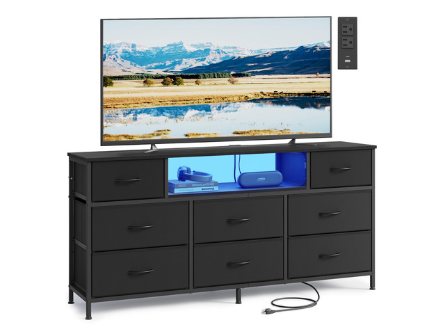 Dresser for Bedroom with Outlets & LED Lights, 8 Fabric Drawers TV Stand for TVs Up to 65 Inches, Chest of Drawers with Steel Frame, Ink Black,...