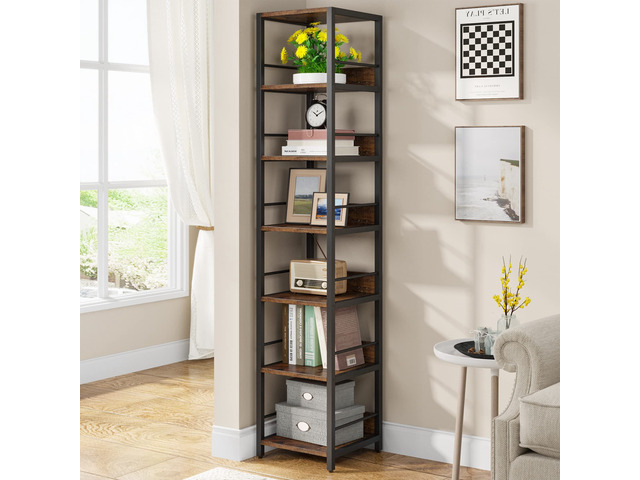 6-Tier Corner Shelf, 75 Inch Tall Narrow Bookshelf Storage Rack Skinny Etagere Shelves Display Stand for Small Spaces, Rustic Open Bookcase...