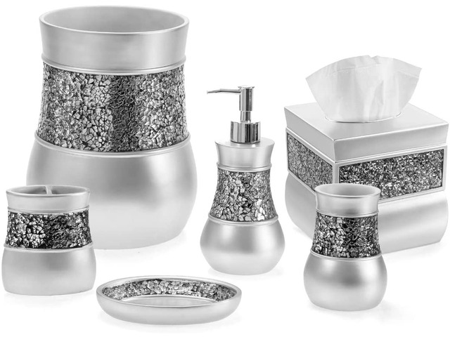 Crackled Glass 6 Pc. Silver Resin Bathroom Accessories Set Includes Trash can, Tissue Box Cover, Soap Dispenser, Toothbrush Holder, Tumbler Cup &...