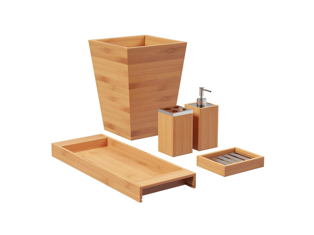 Bathroom Decor Set, Natural, 5-Piece-Set Bamboo Bathroom Accessories with Trash Bin, Soap Dish, Soap Dispenser, Toothbrush Holder, and Tray