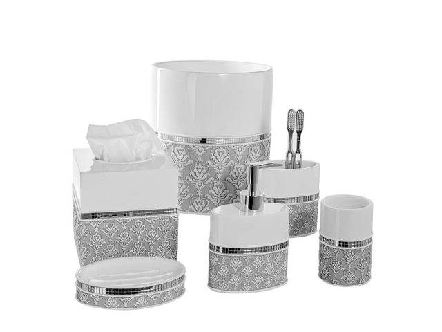 Mirror Damask 6 Piece Resin Bathroom Accessories Set Includes Trash can, Tissue Box Cover, Soap Dispenser, Toothbrush Holder, Tumbler Cup & Soap...