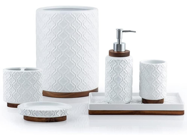 Ceramic Bathroom Accessories Set,Cream White,6 Piece,with Trash Can bathroom set soap dispenser toothbrush holder tumbler soap dish trash can...