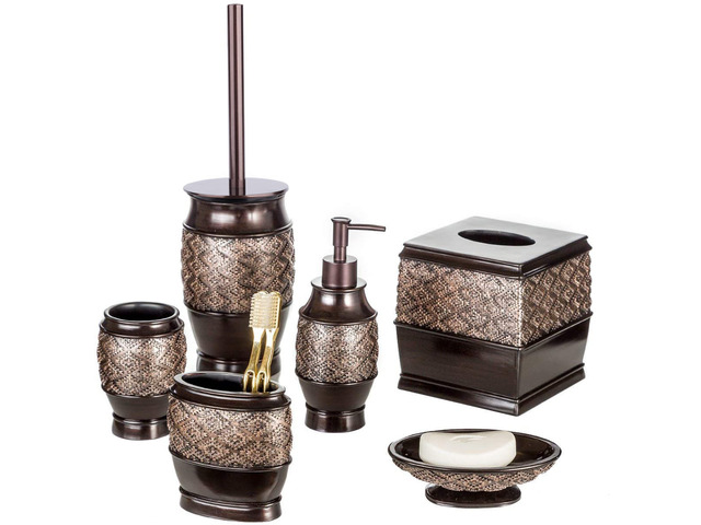 Dublin Brown 6 Piece Resin Bathroom Accessories Set Includes Toilet Brush and Holder, Tissue Box Cover, Soap Dispenser, Toothbrush Holder,...