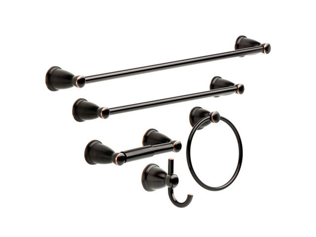 5-Piece Oil Rubbed Bronze Bathroom Set (2) Towel Racks, Ring, Toilet Paper Holder, Hook Kinla Bath Accessories