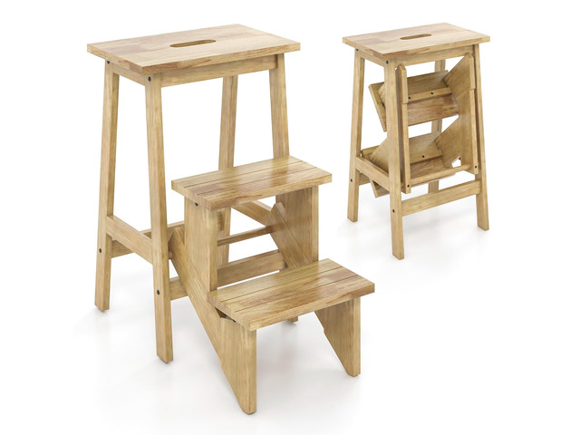 Folding 3 Step Stool, 3 in 1 Wooden Step Ladder with Handle, Non-Slip Pedal, Multifunctional Storage Shelf, Flower Rack for Kitchen, Library,...