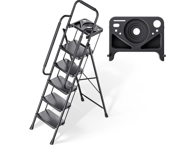 Folding 5 Step Ladder, Step Stool with Anti-Slip Pedals Portable Sturdy Steel ladder with Handrail, Safe-Lock Design, Multi-Purpose, Home,...