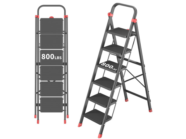 6-Step Folding Step Stool Ladder with Handle, Anti-Slip Wide Pedals & Feet, 800lbs Capacity Sturdy Ladder for Home Kitchen Adults, Black Red