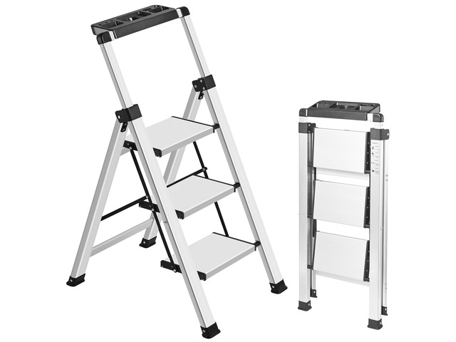 3 Step Ladder, Aluminum Folding Stool with Retractable Handgrip 375 lbs Heavy Duty 9.5lbs Lightweight Removable Tool Tray Non-Slip Pedals ...