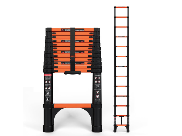 Telescoping Ladder, 12.5 FT, 330 lbs Capacity; Orange ANSI Certified, Straight Extension Ladder; Collapsible Multi-Purpose for Home, Roof and RV