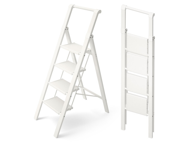 Aluminum 4 Step Ladder, Step Stool Foldable Ladder(White) Stepladder with Handgrip,Anti-Slip Pedals,330lbs Capacity,Lightweight Folding Ladder...