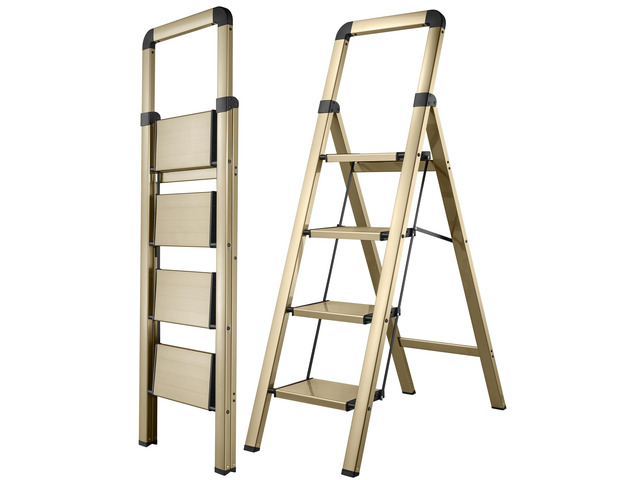 Step Ladder 4-Step Champagne Finish Aluminum Folding Ladders Anti-slip Sturdy Portable Foldable Ladder Modern Step Stool for Kitchen Home Office...