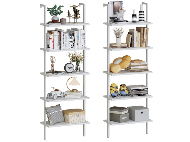 Ladder Shelf 2 PCS White Bookshelf 5-Tier Wooden Open Shelf Wall-Mounted Wood Rack Industrial Modern Plant Flower Stand Utility Organizer Bookcase...