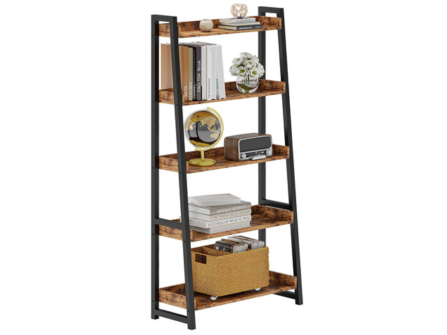 Ladder Shelf 5-Tier 74.8in Tall, Industrial Bookcase and Bookshelf MDF and Metal Frame. Edge Baffles. 33 lbs Per Shelf. Wall Mount. Anti-tip...