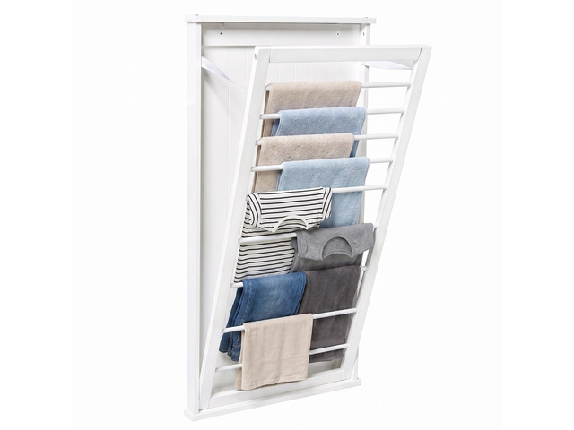 Wall-Mount Wooden Clothes Drying Rack, 30 lb, White Wall-mount white MDF rack folds to 2.25 in deep and holds 30 lb. Furniture-style look for...