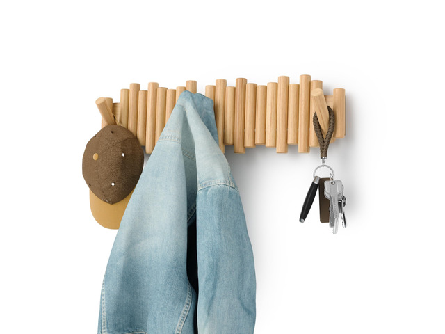 Picket Coat Rack with 8 Hooks Natural Wall-Mounted Coat Rack with Flip-Down Wooden Hooks, Real Pine Wood Decorative Wall Storage for Jackets,...