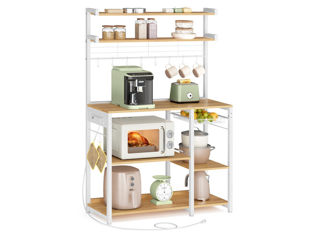 Baker's Rack, 35.4 Inches Microwave Stand with Wire Basket, 8 Hooks For Spices, Pots, and Pans, Golden Oak and Cloud White, BARNET Collection...