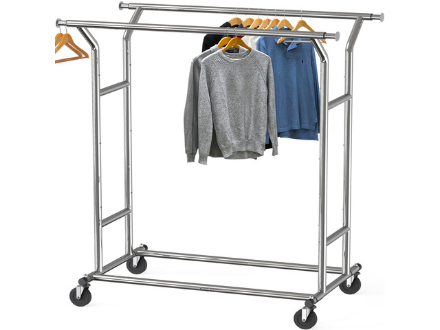 Heavy Duty Double Rail Clothing Garment Rack, Chrome Holds Up to 200 lbs, Extendable Width from 43 to 67 Inches