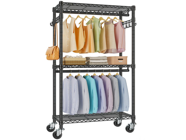 R2 Medium Clothes Rack for Hanging Clothes Rolling Portable Closet Lockable Silent Wheels, Double Hanging Rods, Adjustable Wire Shelving/Side...
