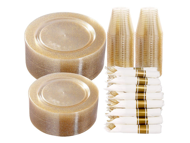 350PCS Gold Glitter Plastic Dinnerware Set for 50 Guests Disposable Plates for Party Include: 50 Dinner Plates, 50 Dessert Plates, 50 Pre Rolled...