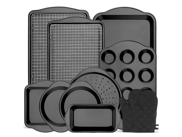 13 PCS Nonstick Bakeware Set - Carbon Steel Baking Pans Set with Dual Handles, Includes Roasting Pan, Pizza Pan, Cookie Sheet, Cake Pans, Muffin...