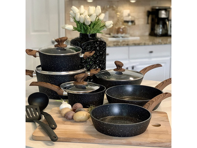 Pots and Pans Set Non Stick, 12pcs Induction Cookware Nonstick Kitchen Cookware Set, Black Granite Cooking Pans, PFOS & PFOA Free, Easy Food...