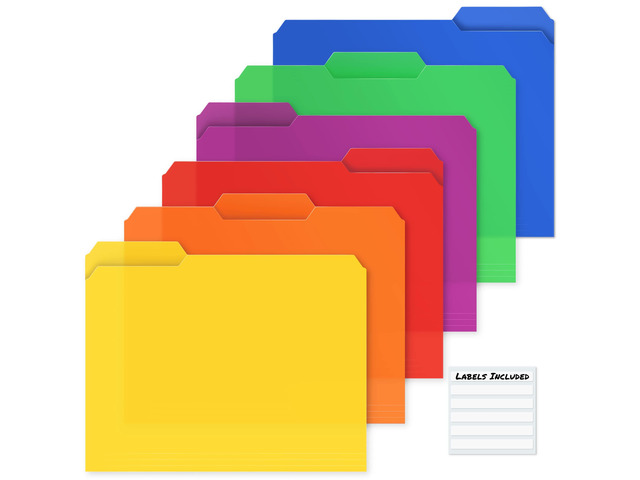 Plastic Colored File Folders, 1/3 Tab, Letter Size, 24 Pack Colorful Manila Sleeves 8.5x11, Acid-Free Poly for Long-Term Storage, Includes Labels