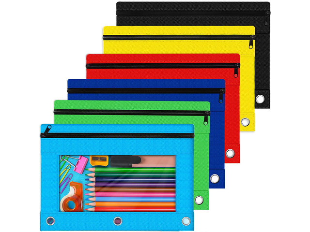 6 Pack Pencil Pouch for 3 Ring Binder with Clear Windows Assorted Colors 3-Hole Zipper Bags, Bulk Pencil Pouches, Durable Fabric Cases for Back to...