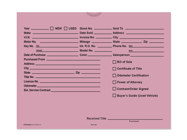 Printed Vehicle Deal Envelopes 9x12 Deal Jackets (100 shrink wrapped) (Pink)