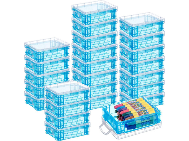 25 Pcs Plastic Crayon Boxes Bulk,Blue Stackable with Snap Lids, Classroom Supplies Organizer, Transparent Holder for Crayons Colored Pencils...