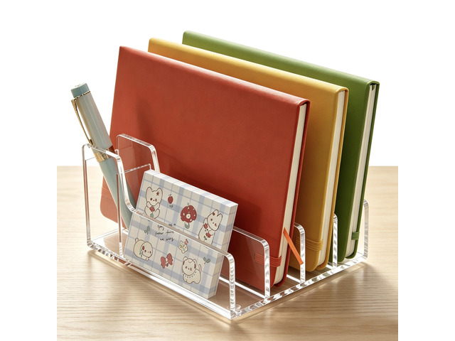 Acrylic Mail Organizer for Desk, 5 Compartments Letter Sorter with Pen Holder, Clear Desktop File Folder & Notebook Holder, Cute Office Supplies...