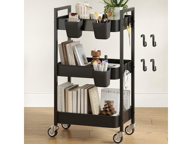 3 Tier Rolling Cart,Utility Cart with Locking Wheels, Hanging Cups & Hooks, Heavy Duty Metal Storage Organizer Cart for Kitchen,Office,...