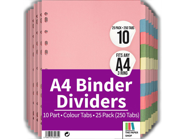 Pink 10 Tab Dividers for 3 Ring Binder - A4 (25 Pack) Write-On Binder Dividers with Tabs for Office School & Classroom Coloured Index Tabs,...