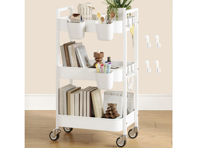 3 Tier Rolling Cart,Utility Cart with Locking Wheels, Hanging Cups,&Hooks, Heavy Duty Metal Storage Organizer Cart for Kitchen,Office,...