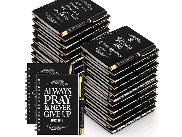 60 Pcs/30 Set Christian Gift Bulk Spiral Notebook and Pen, Black Prayer Journal Bible Verse Ballpoint Pen, Religious Gift for Church Members Study...